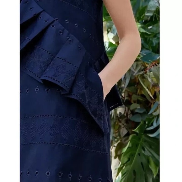 Ted Baker Mahlene Eyelet Embroidered Ruffle Cotton Shift Dress in Navy - Picture 2 of 10